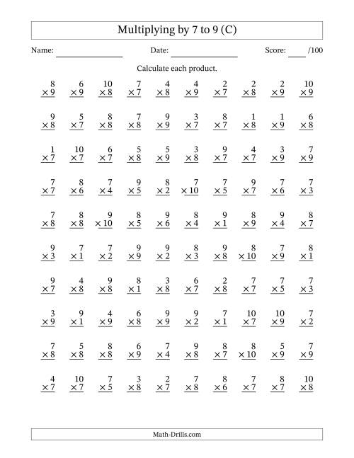 The Multiplying (1 to 10) by 7 to 9 (100 Questions) (C) Math Worksheet