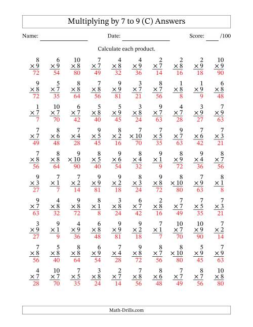 The Multiplying (1 to 10) by 7 to 9 (100 Questions) (C) Math Worksheet Page 2