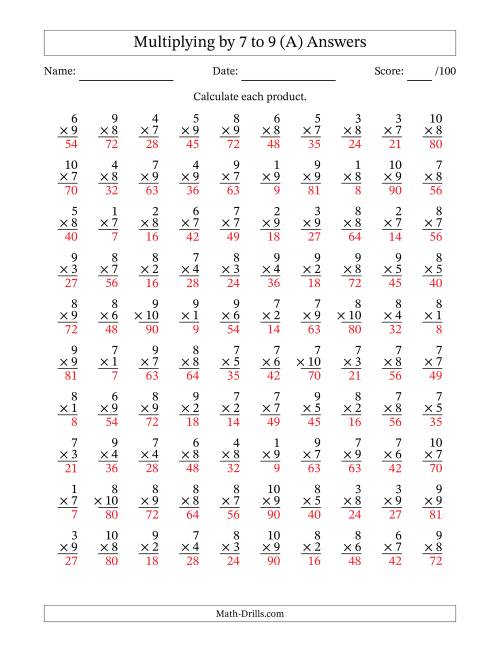 The Multiplying (1 to 10) by 7 to 9 (100 Questions) (All) Math Worksheet Page 2