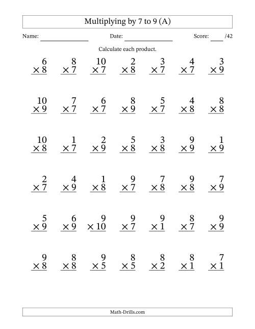 The Multiplying (1 to 10) by 7 to 9 (42 Questions) (A) Math Worksheet