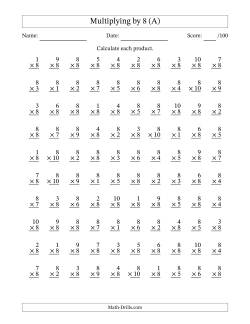 Multiplying (1 to 10) by 8 (100 Questions)