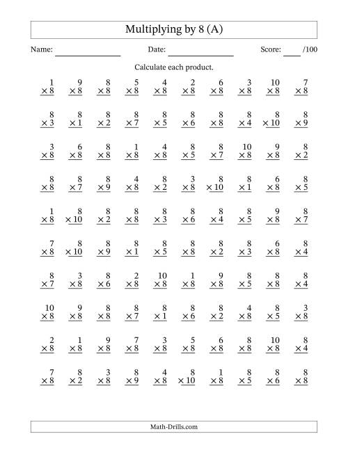 The Multiplying (1 to 10) by 8 (100 Questions) (A) Math Worksheet