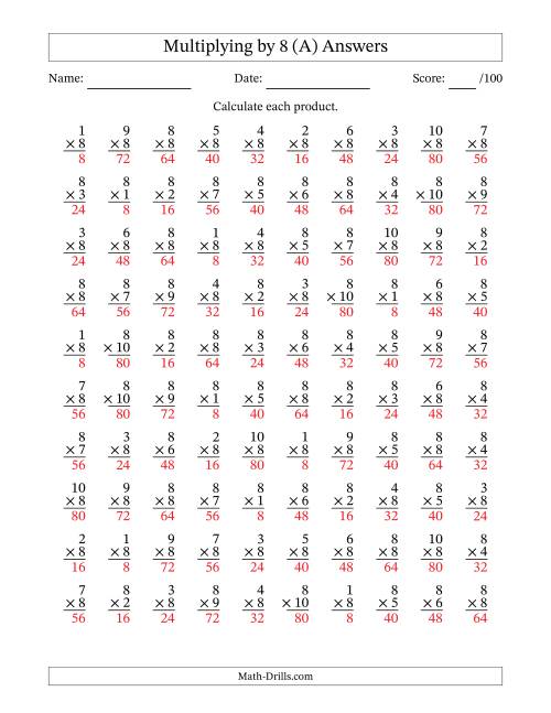 The Multiplying (1 to 10) by 8 (100 Questions) (A) Math Worksheet Page 2