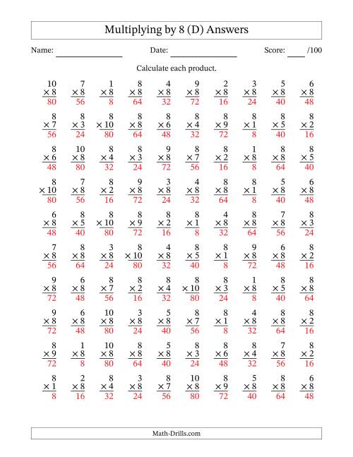 The Multiplying (1 to 10) by 8 (100 Questions) (D) Math Worksheet Page 2