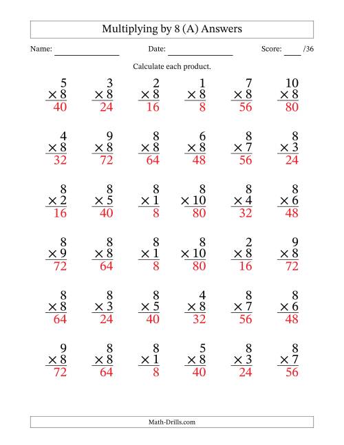 The Multiplying (1 to 10) by 8 (36 Questions) (A) Math Worksheet Page 2