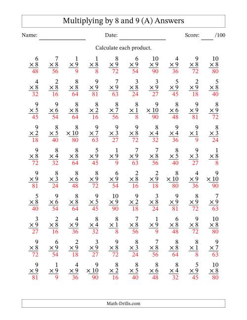The Multiplying (1 to 10) by 8 and 9 (100 Questions) (A) Math Worksheet Page 2