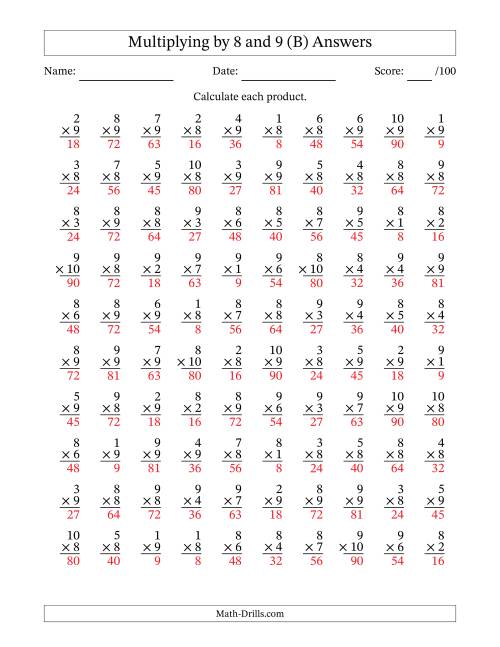 The Multiplying (1 to 10) by 8 and 9 (100 Questions) (B) Math Worksheet Page 2