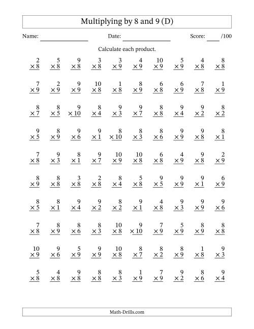 The Multiplying (1 to 10) by 8 and 9 (100 Questions) (D) Math Worksheet