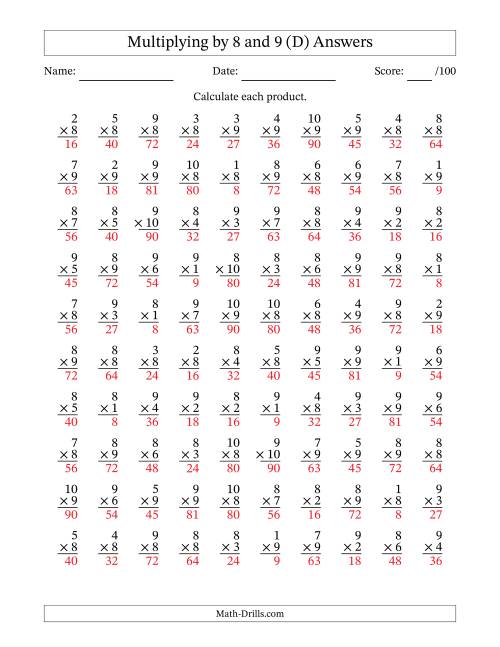 The Multiplying (1 to 10) by 8 and 9 (100 Questions) (D) Math Worksheet Page 2