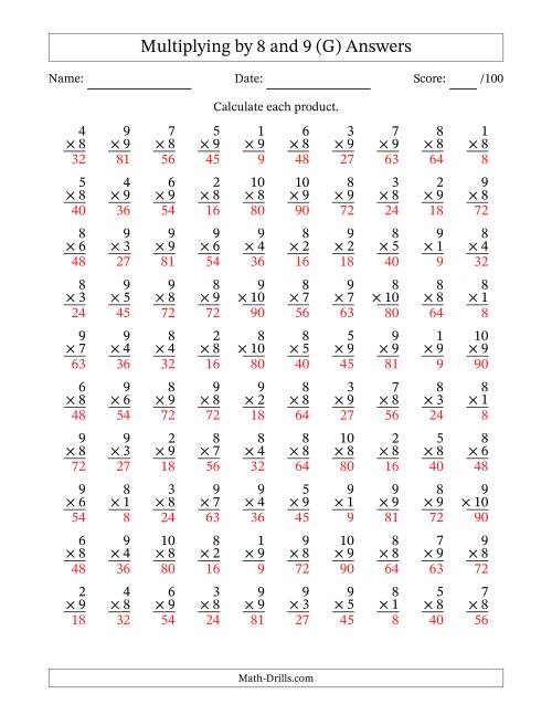 The Multiplying (1 to 10) by 8 and 9 (100 Questions) (G) Math Worksheet Page 2
