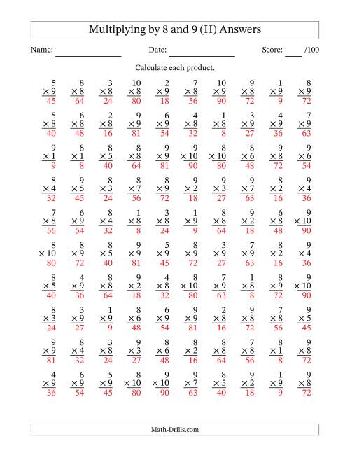 The Multiplying (1 to 10) by 8 and 9 (100 Questions) (H) Math Worksheet Page 2