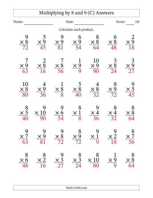The Multiplying (1 to 10) by 8 and 9 (42 Questions) (C) Math Worksheet Page 2