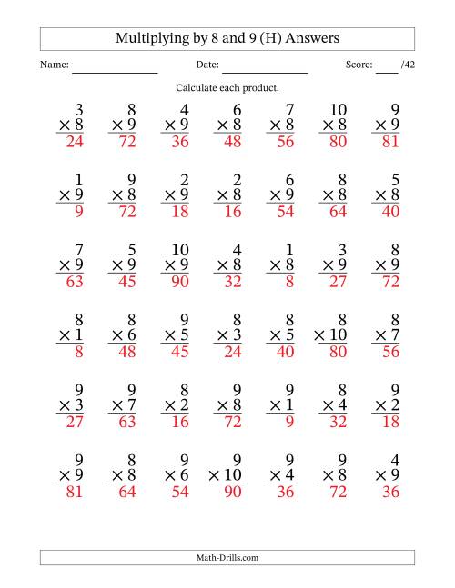 The Multiplying (1 to 10) by 8 and 9 (42 Questions) (H) Math Worksheet Page 2