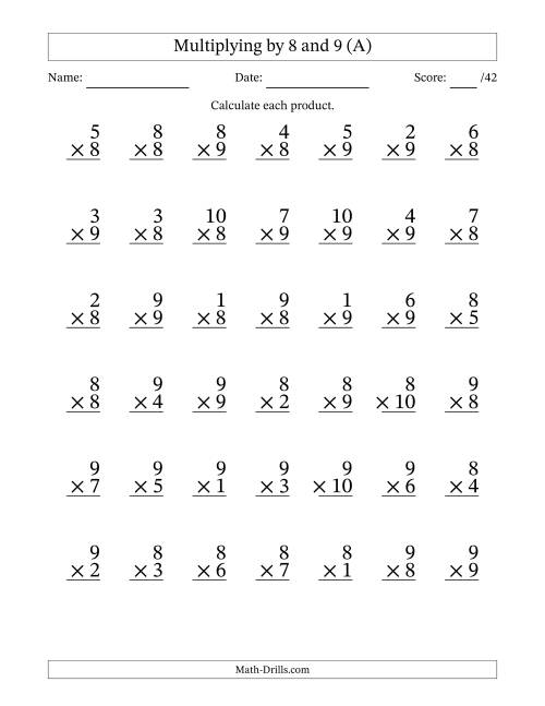 The Multiplying (1 to 10) by 8 and 9 (42 Questions) (All) Math Worksheet