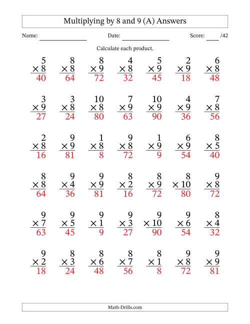 The Multiplying (1 to 10) by 8 and 9 (42 Questions) (All) Math Worksheet Page 2