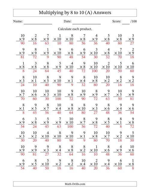 The Multiplying (1 to 10) by 8 to 10 (100 Questions) (A) Math Worksheet Page 2