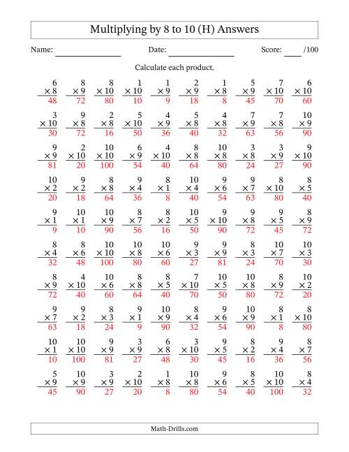 The Multiplying (1 to 10) by 8 to 10 (100 Questions) (H) Math Worksheet Page 2