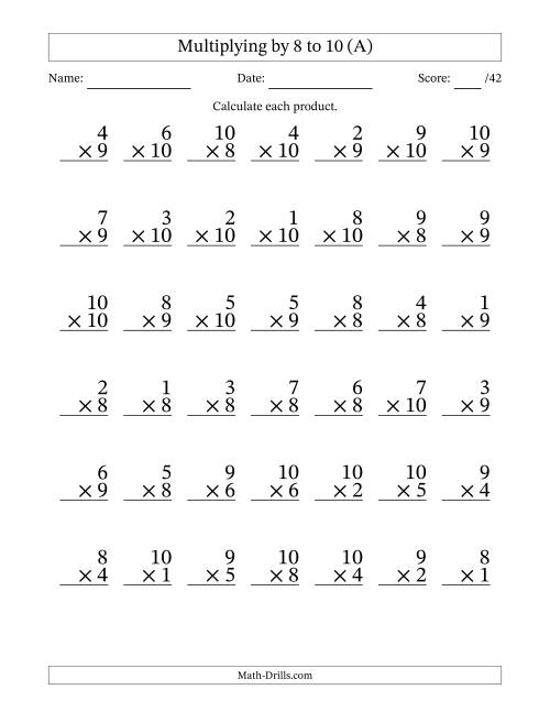 The Multiplying (1 to 10) by 8 to 10 (42 Questions) (A) Math Worksheet