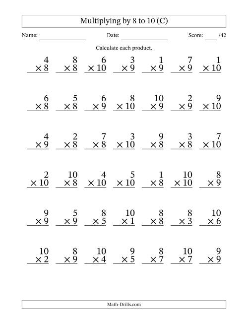 The Multiplying (1 to 10) by 8 to 10 (42 Questions) (C) Math Worksheet