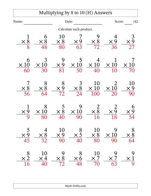 The Multiplying (1 to 10) by 8 to 10 (42 Questions) (H) Math Worksheet Page 2