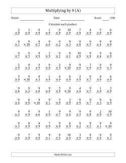 Multiplying (1 to 10) by 9 (100 Questions)