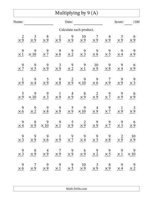 The Multiplying (1 to 10) by 9 (100 Questions) (A) Math Worksheet