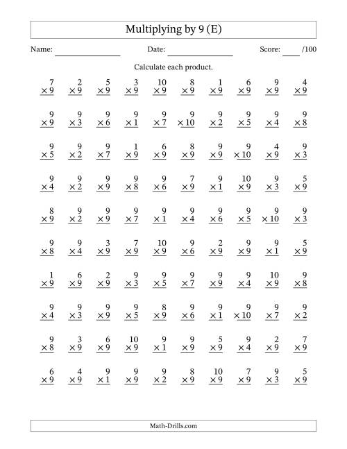 The Multiplying (1 to 10) by 9 (100 Questions) (E) Math Worksheet
