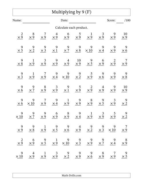 The Multiplying (1 to 10) by 9 (100 Questions) (F) Math Worksheet