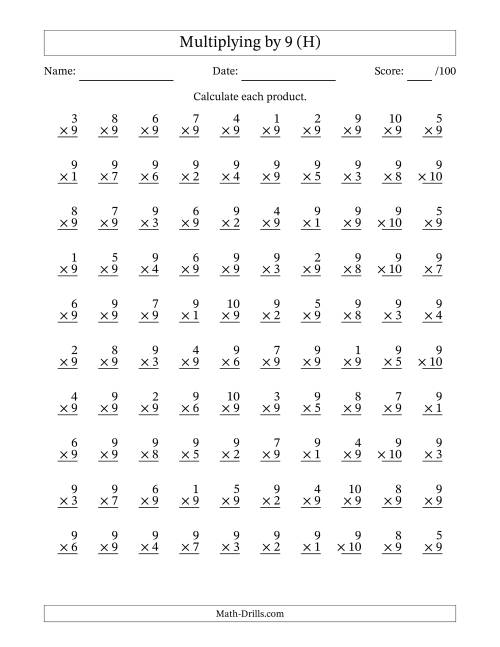 The Multiplying (1 to 10) by 9 (100 Questions) (H) Math Worksheet