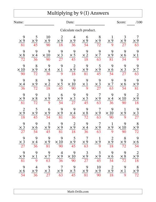 The Multiplying (1 to 10) by 9 (100 Questions) (I) Math Worksheet Page 2