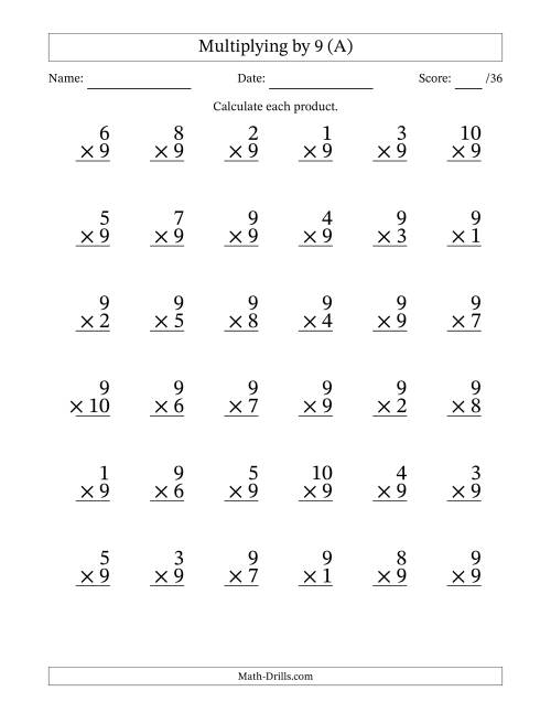 The Multiplying (1 to 10) by 9 (36 Questions) (A) Math Worksheet
