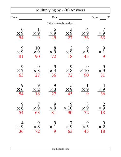 The Multiplying (1 to 10) by 9 (36 Questions) (B) Math Worksheet Page 2