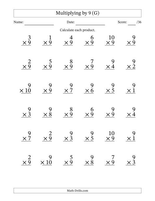 The Multiplying (1 to 10) by 9 (36 Questions) (G) Math Worksheet