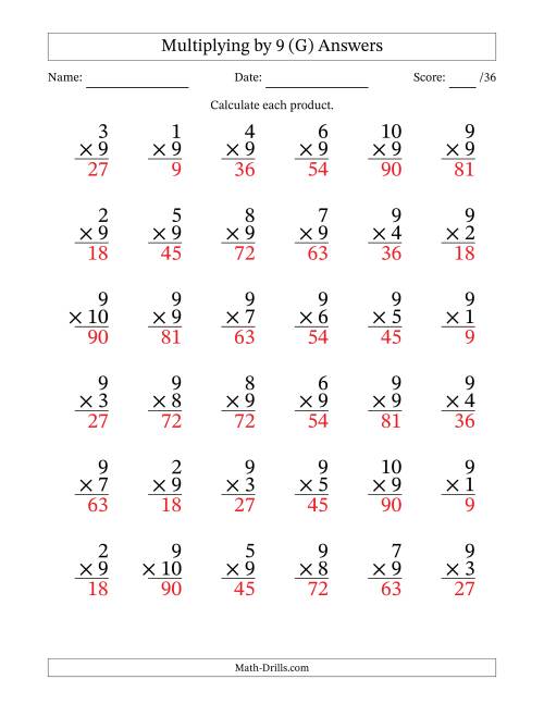 The Multiplying (1 to 10) by 9 (36 Questions) (G) Math Worksheet Page 2