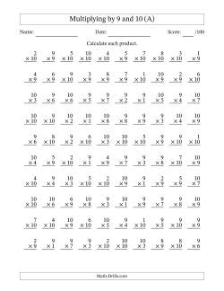 Multiplying (1 to 10) by 9 and 10 (100 Questions)