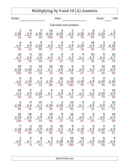 The Multiplying (1 to 10) by 9 and 10 (100 Questions) (A) Math Worksheet Page 2