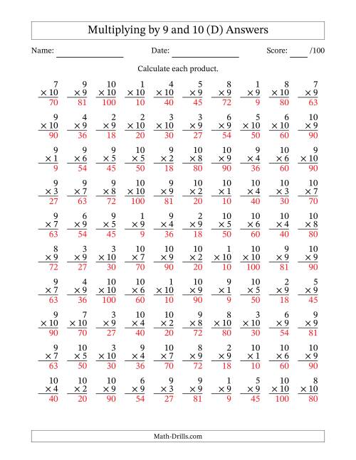 The Multiplying (1 to 10) by 9 and 10 (100 Questions) (D) Math Worksheet Page 2