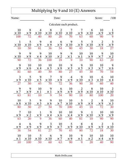 The Multiplying (1 to 10) by 9 and 10 (100 Questions) (E) Math Worksheet Page 2