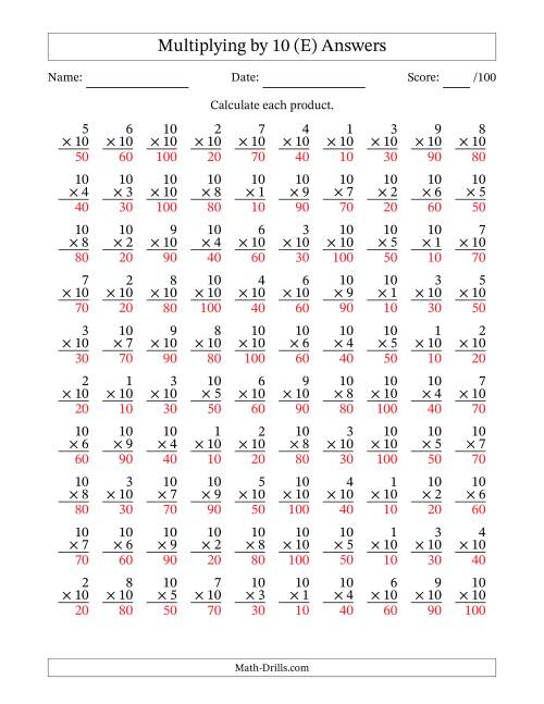 The Multiplying (1 to 10) by 10 (100 Questions) (E) Math Worksheet Page 2