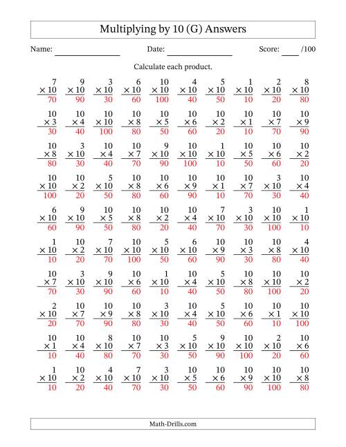 The Multiplying (1 to 10) by 10 (100 Questions) (G) Math Worksheet Page 2