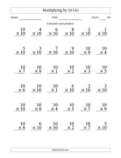 Multiplying (1 to 10) by 10 (36 Questions)