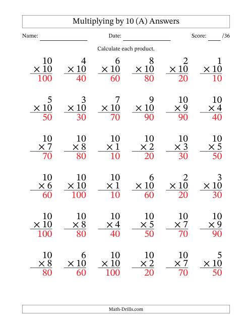 The Multiplying (1 to 10) by 10 (36 Questions) (A) Math Worksheet Page 2