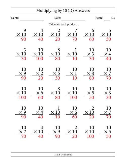 The Multiplying (1 to 10) by 10 (36 Questions) (D) Math Worksheet Page 2