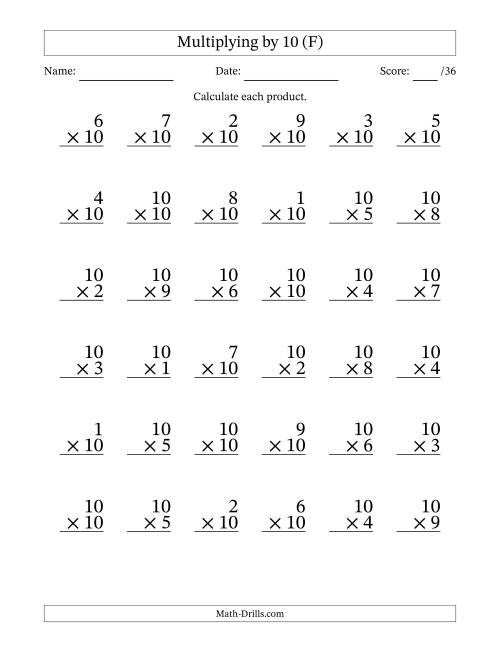 The Multiplying (1 to 10) by 10 (36 Questions) (F) Math Worksheet