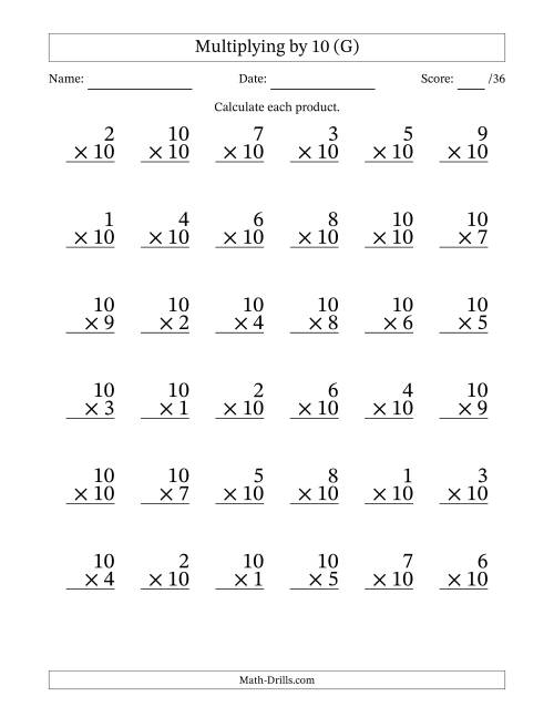 The Multiplying (1 to 10) by 10 (36 Questions) (G) Math Worksheet