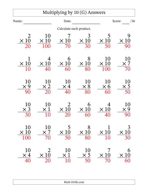 The Multiplying (1 to 10) by 10 (36 Questions) (G) Math Worksheet Page 2