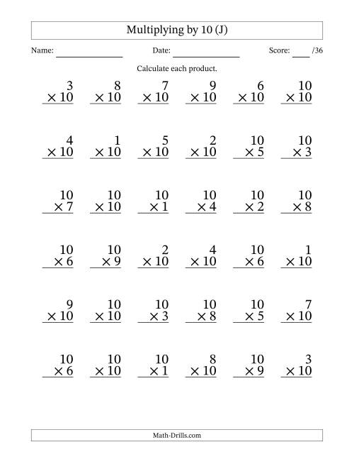 The Multiplying (1 to 10) by 10 (36 Questions) (J) Math Worksheet
