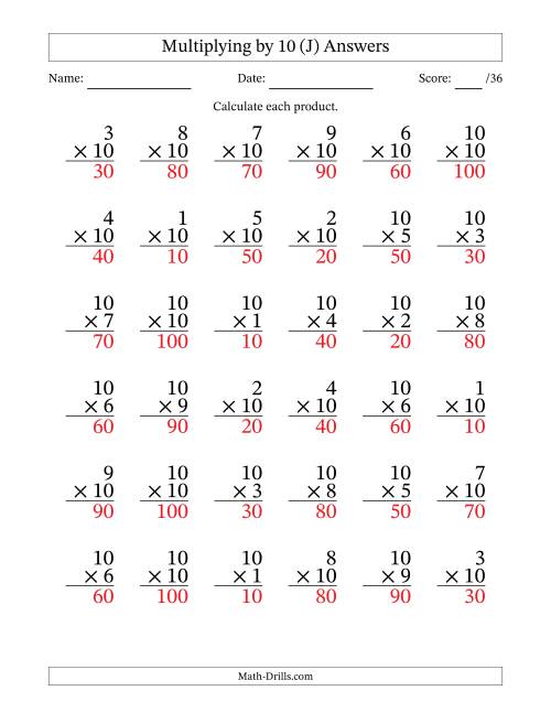 The Multiplying (1 to 10) by 10 (36 Questions) (J) Math Worksheet Page 2