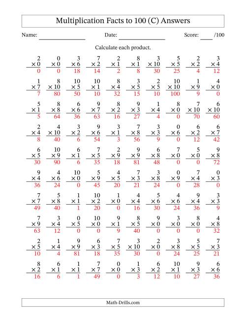 The Multiplication Facts to 100 (100 Questions) (With Zeros) (C) Math Worksheet Page 2
