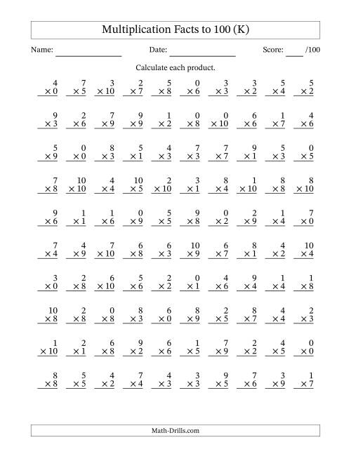 The Multiplication Facts to 100 (100 Questions) (With Zeros) (K) Math Worksheet